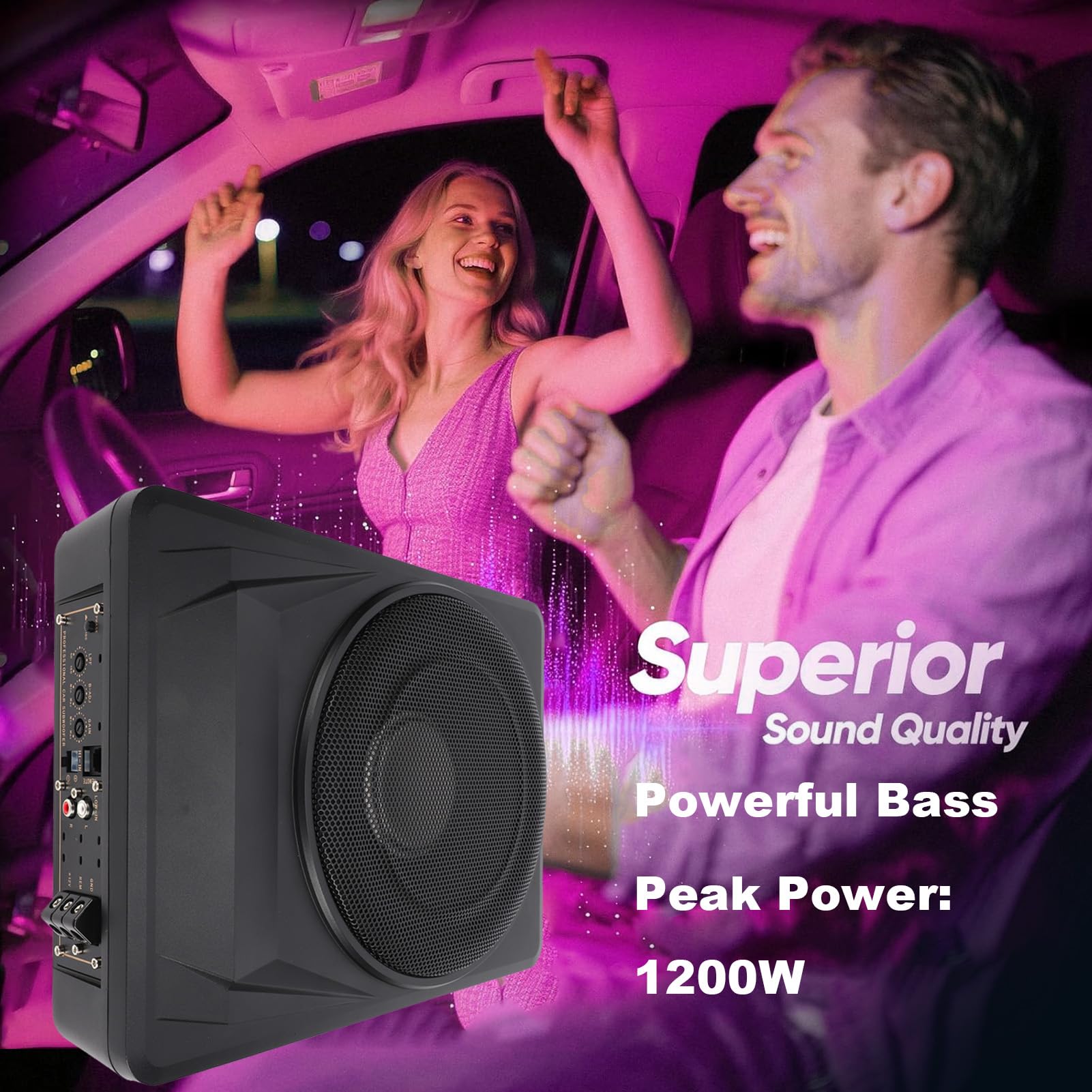 Qqmora Subwoofer Sottile per Auto da 10 Pollici Subwoofer Alimentato Attivo Sotto il Sedile 1200 W di Picco Amplificatore Integrato Custodia in Lega di Alluminio con Kit di