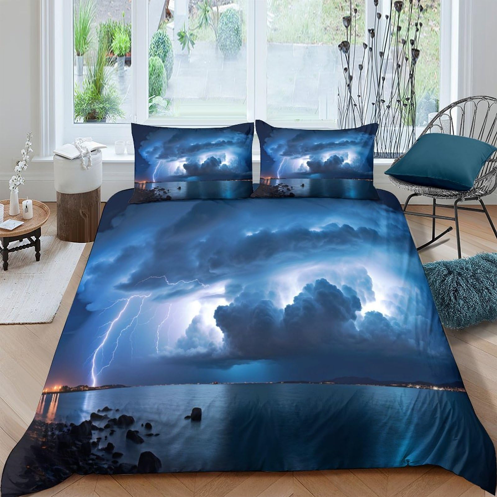 Ctjqhvkz Style-9 3D Printed Thunderstorm Night Sky Fitted Sheet Microfiber Lightning Lake Mattress Cover Non Slip Washable For Bedroom Dorm Decor Single（135X200cm）