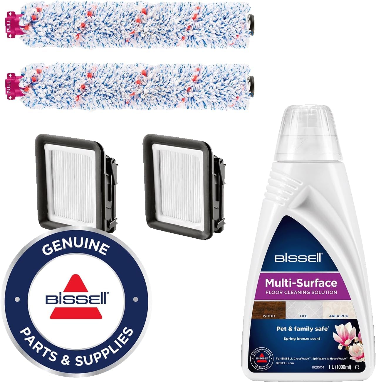 BISSELL CrossWave Accessori Set Confezione Valore | 2 x Rullo Spazzola Multi-Superficie | 2 x Filtro | Originale 1 x 1L Detergente Multi-Superficie