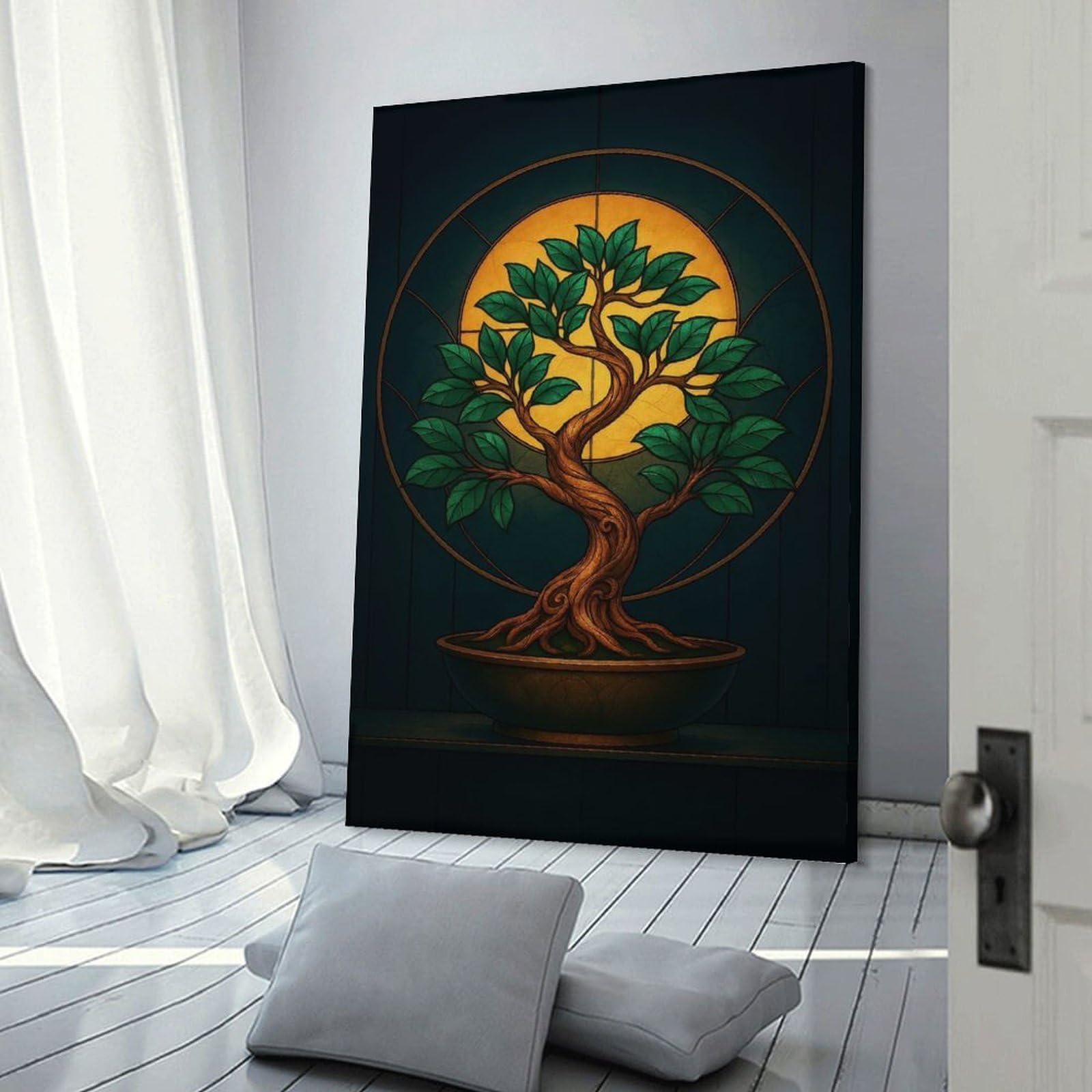 Junmoney Frame-Style-14 Decorative Wall Artwork Bonsai Tree Stained Glass Style Art, 12X18inch(30X45cm), For Sofa Walls, Lounge Or Home Corners, Modern Wall Decor For Cosy Interiors