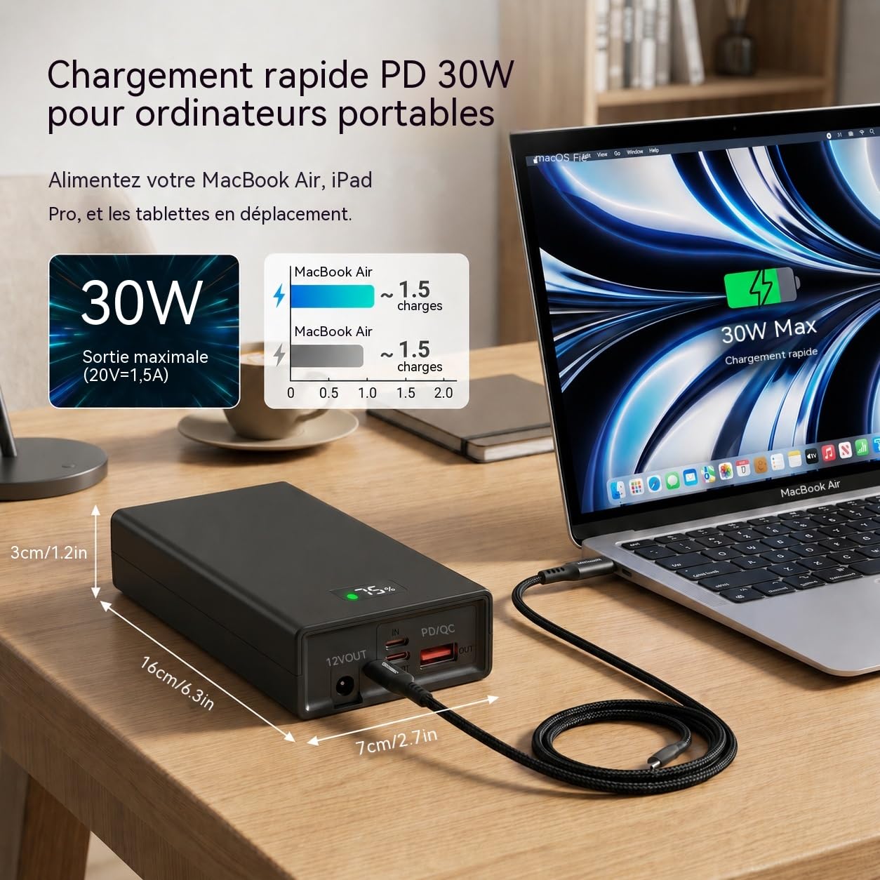 Batterie Externe 10000mAh Charge Rapide PD 30W & QC, Port de Sortie DC 12V/3A pour Vêtements Chauffants et PC Portables, Double Entrée, Power Bank pour iPhone, Samsung, Tablette, Routeur, Smartwatch