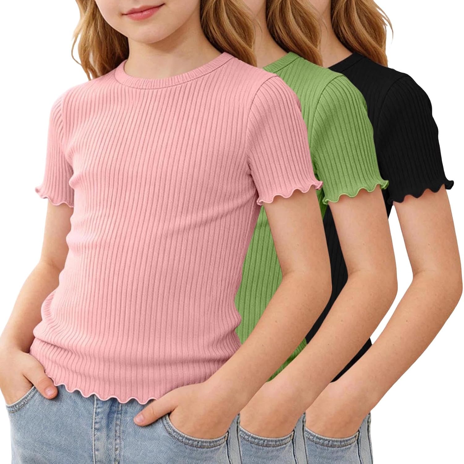 3PC Girls Short Sleeve Knitting Blouse Crewneck Lettuce Trim Cute Shirt High Elastic Summer Top Plain Stretchy Tee