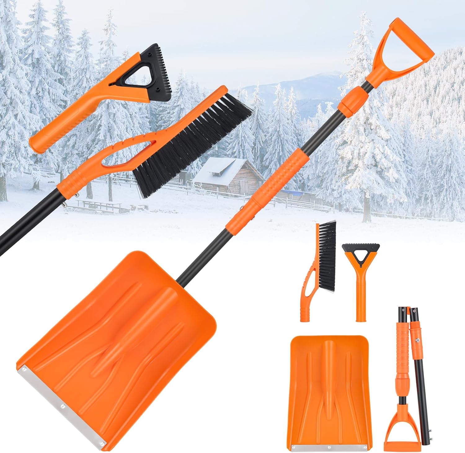 Luvenia 3 in 1 Snow Shovel Snow Brush and Ice Scraper Kit,Foldable Extendable Snow Shovel Snow Brush Ice Scraper for Car SUV Truck Vehicle Jeep RV Auto,Orange