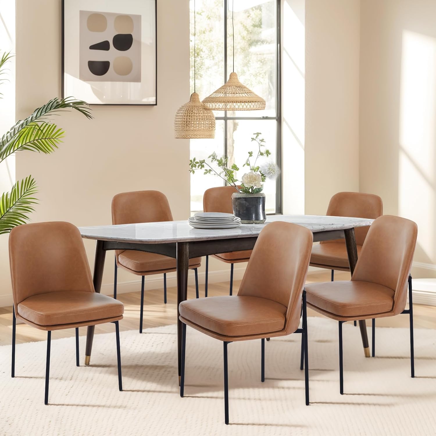colamy modern dining chairs set of 6, faux leather upholstered dining room chairs kitchen chairs dinner chair with curved back and metal legs, brown fl-brown set of 6