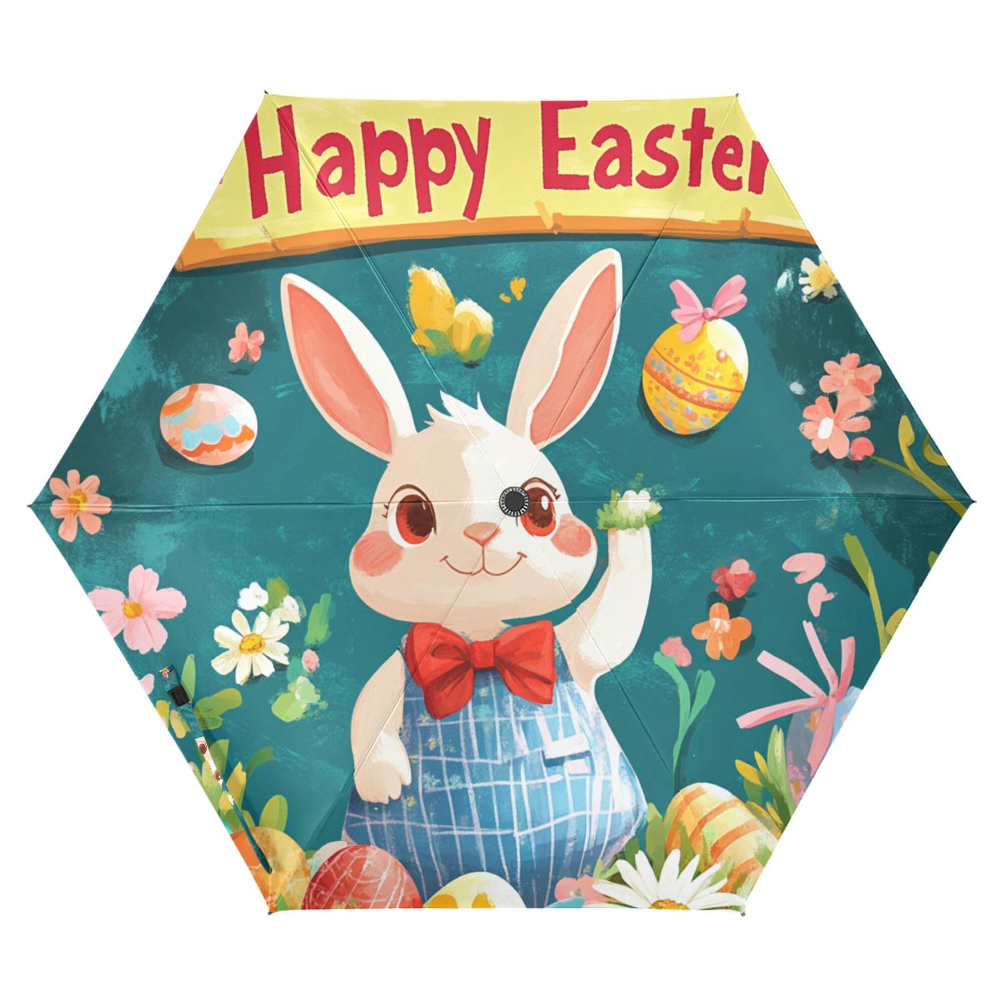 JUNZAN Happy Easter Rabbit Carrots Bowknot Daisy Egg Travel Umbrellas 39 Inch Lightweight Automatic Open Close Large Umbrella for Kids Outdoor Defence Accessories