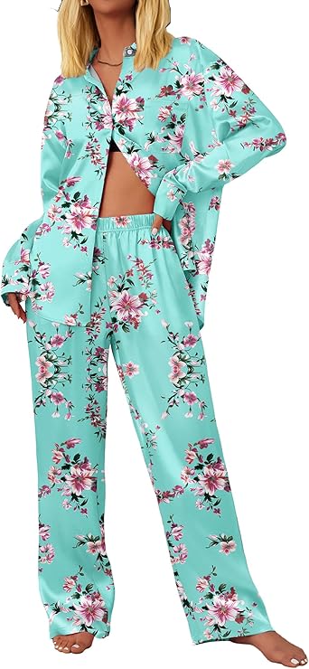 Ekouaer Womens Satin Silky Pajama Set 2 Piece Print PJs Soft Loungewear Button Down Sleepwear with Elastic Waist Long Pants