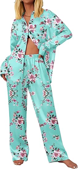 Ekouaer Womens Satin Silky Pajama Set 2 Piece Print PJs Soft Loungewear Button Down Sleepwear with Elastic Waist Long Pants