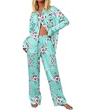 Womens Satin Silky Pajama Set 2 Piece Print PJs Soft Loungewear Button Down Sleepwear with Elastic Waist Long Pants