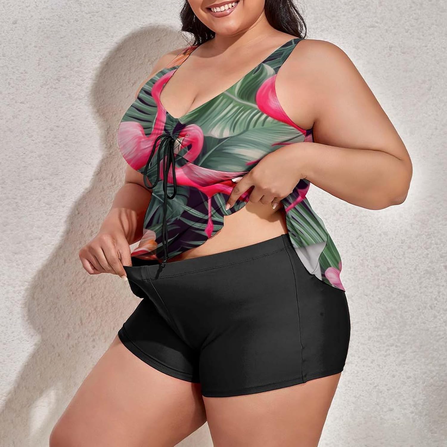 Plus Size Tankini Swimsuit for Women's Flamingo Hawaii Summer Tummy Control Swimdress Women's 2 Pieces Swimsuits with Shorts