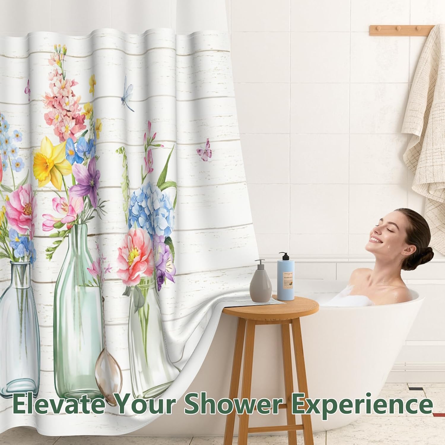 No Hook Floral Shower Curtain with Snap in Liner, Double-Layer Waterproof Shower Curtains with Translucent Top Mesh Window, Spring Flower Farmhouse Shower Curtain with Weighted Bottom, 71"W x 74"L
