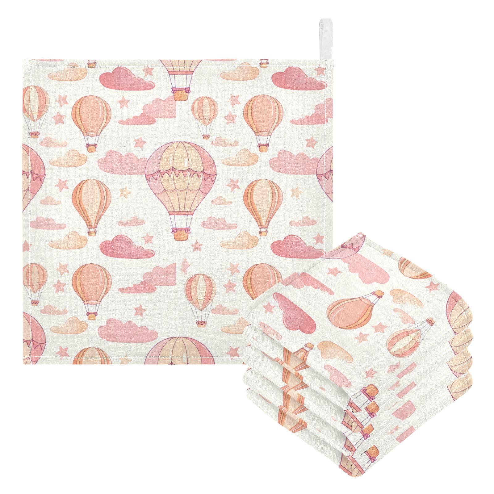 Kigai Hot Air Balloons Baby Washcloths,5pcs Ultra Soft Absorbent Towel,Newborn Bath Face Towel, Natural Reusable Baby Wipes for Sensitive Skin, Baby Registry as Shower