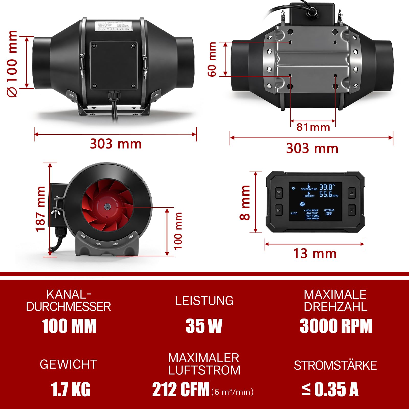 Wentylator rurowy 100 mm z aplikacją WiFi, 360 m³/h, 3000 RPM, inwerterowy silnik EC Inline wentylator wyciągowy z inteligentnym regulatorem temperatury i wilgotności, kabel 3 m, do namiotów uprawnych