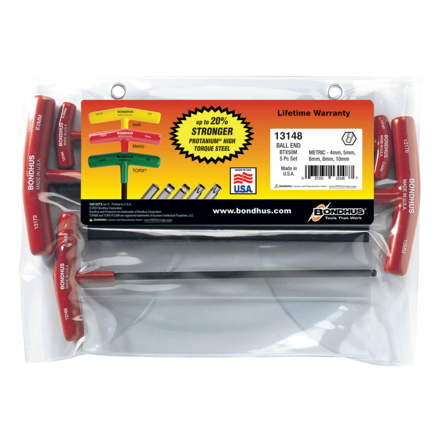 Bondhus 13148 Set of 5 Balldriver T-handles, sizes 4-10mm