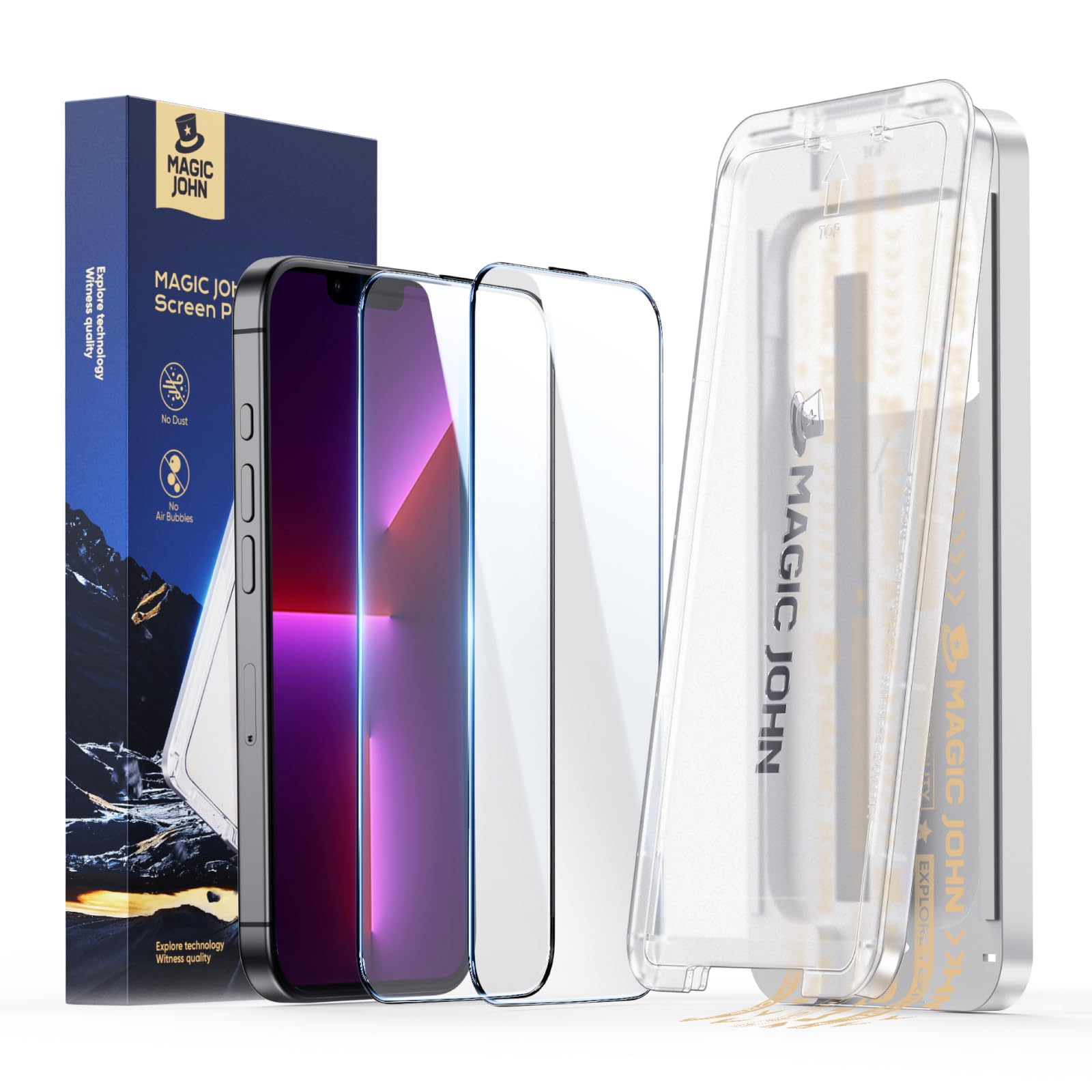 MAGIC JOHN 3rd Gen Upgraded for iPhone 13/13Pro/14 Screen Protector 6.1 Inch,HD Clear,Shatterproof Tempered Film,Auto Dust-Elimination,Bubble Free,Easy Installation,2 Pack