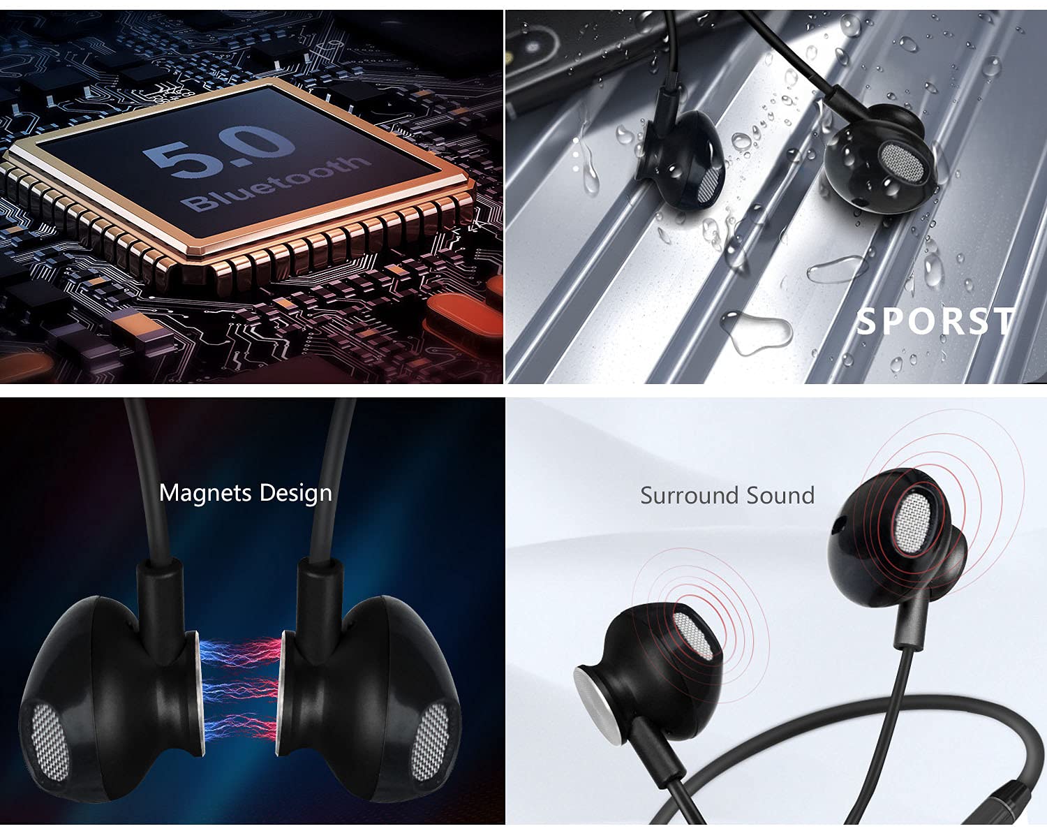 Ruihua 2 szt. opaska na szyję Bluetooth słuchawki Hifi Stereo Bluetooth 5.0 wodoodporne słuchawki z redukcją szumów IPX5 z 12 godzinami czasu odtwarzania, prezent zestaw słuchawkowy bluetooth