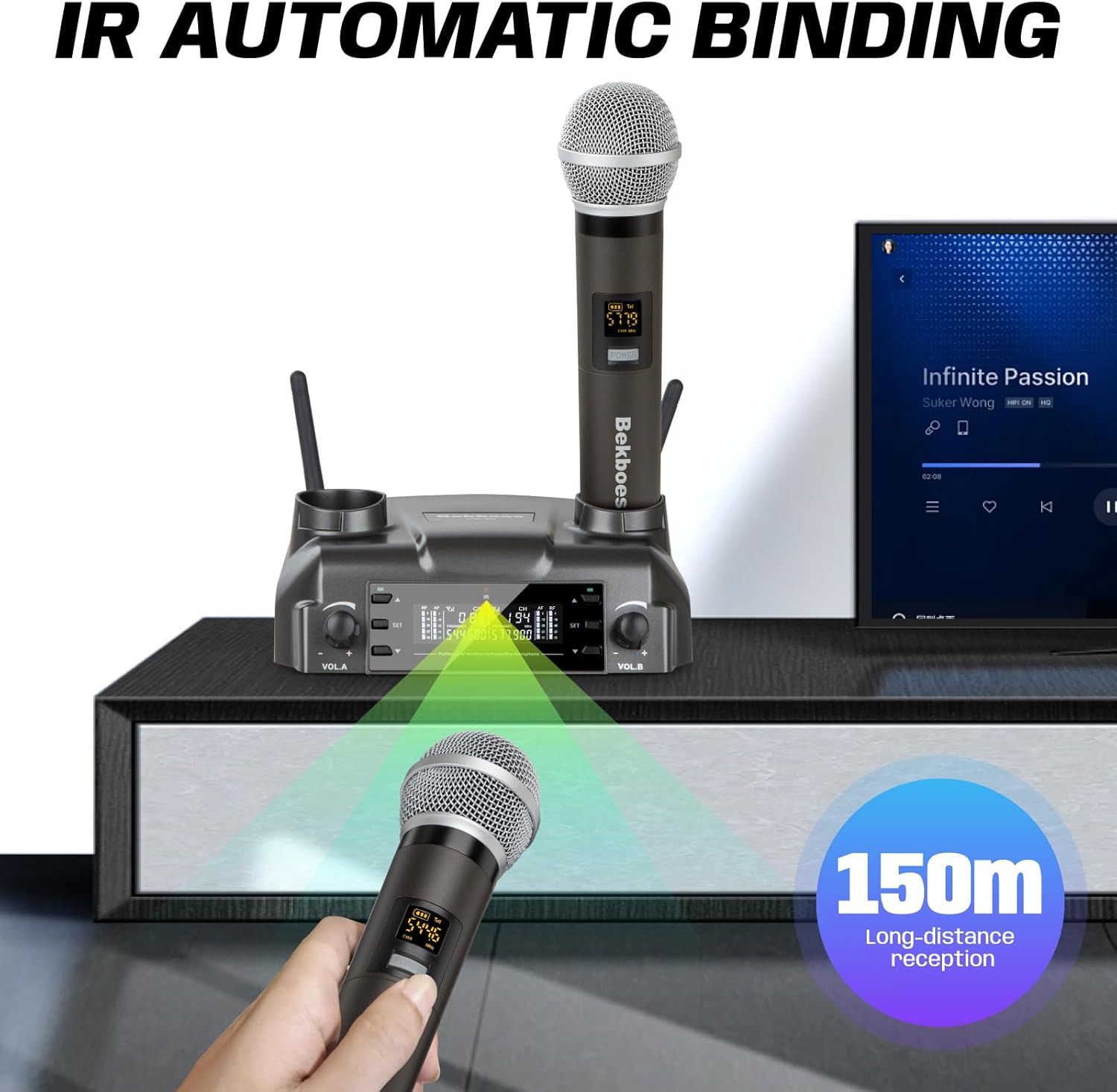 Professional Dual Dynamic Handheld UHF Wireless Microphone System, Magnetic Inductive Wireless Charging, 165ft Range for Home Karaoke/Meeting/Party/Church/Wedding - Image 4