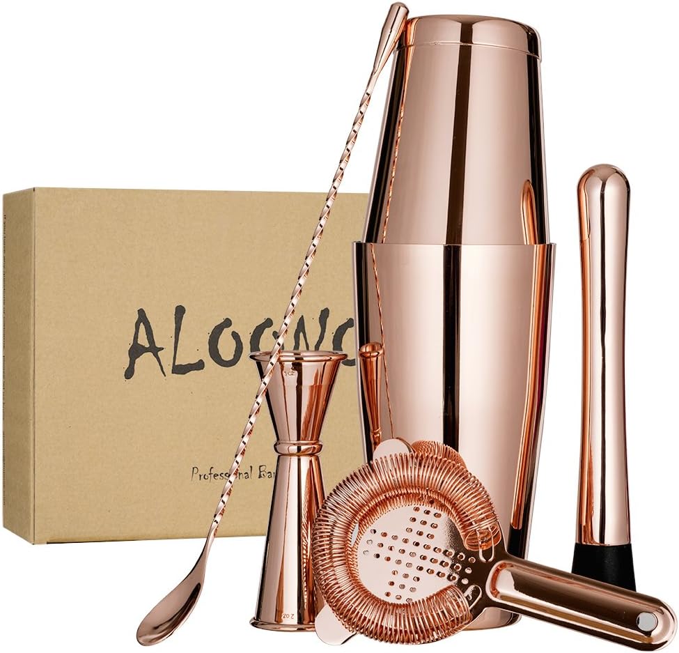 Copper Plated Boston Cocktail Shaker Bar Set in Gift Box: 18oz & 28oz Weighted Shaker Tins, Hawthorne Cocktail Strainer, Double Jigger (0.5oz - 2oz), 12'' Mixing Spoon, Drink Muddler and Greeting Card