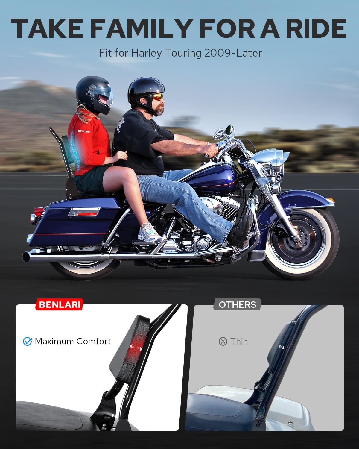 Benlari Sissy Bar Backrest, 26" Integrated Passenger Backrest, Quick Release Detachable Sissy Bar Fit for Harley Davidson Touring Street Glide Road Glide Road King Electra Glide 2009-2024, Black