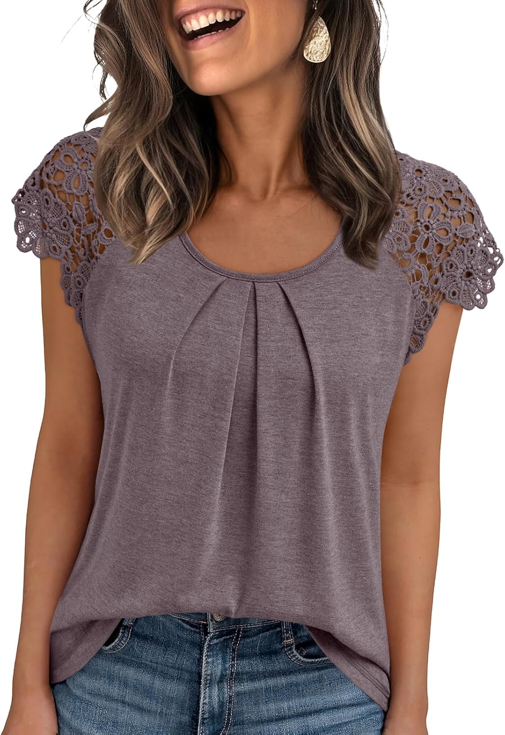 AUTOMET Womens Lace Tops Pleated Short Sleeve Shirts Summer Business Casual Dressy Blouses