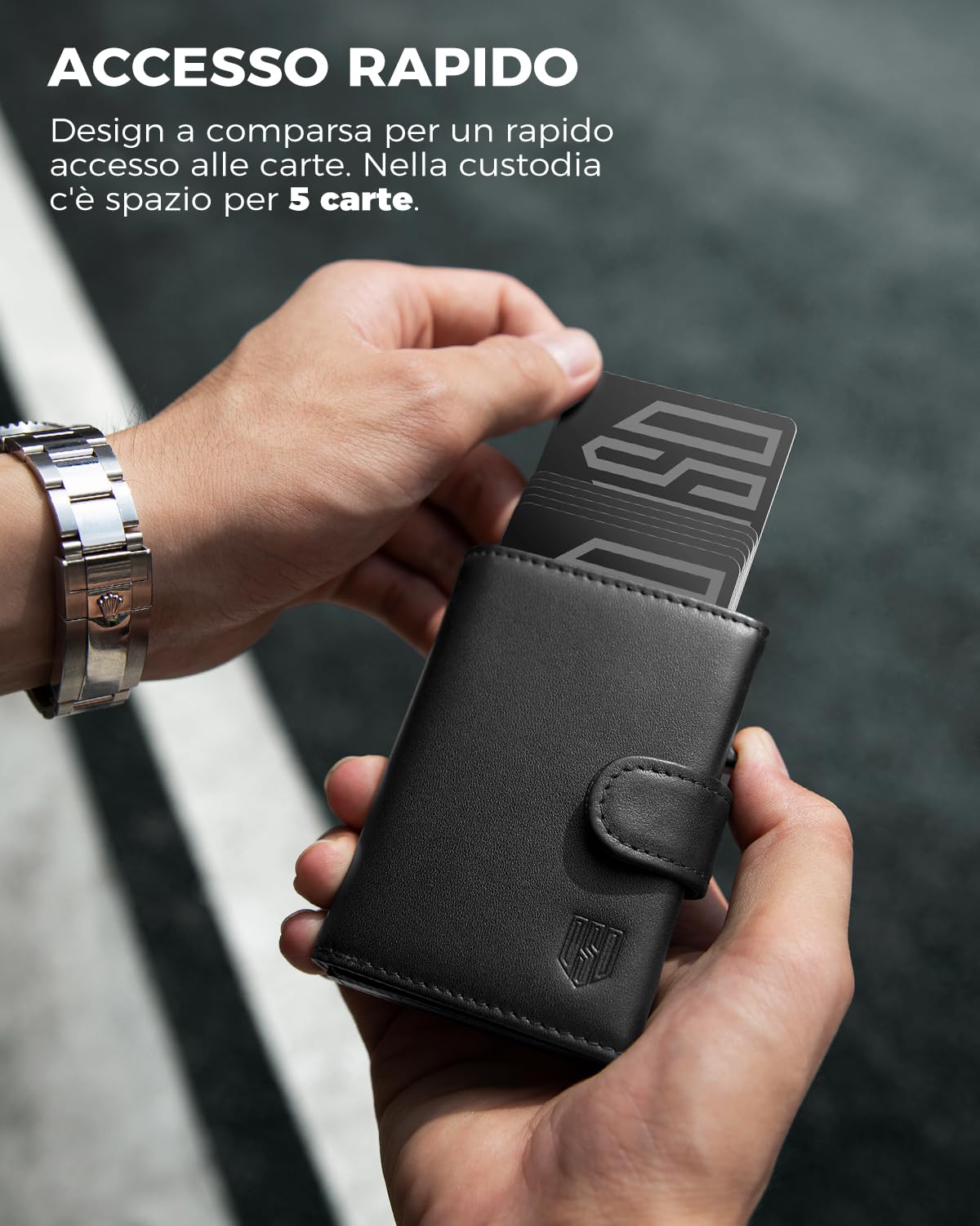 DODENSHA Portafoglio Uomo Piccolo | Porta Carte Credito Schermato | Portafoglio Uomo Slim RFID con Portamonete | Scomparto per Contanti | Custodia in Metallo Pop-up per 8-10 Carte | Slot ID | Pelle