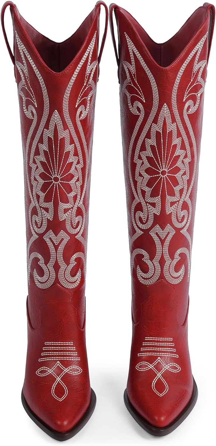 Modatope Knee High Cowboy Cowgirl Boots Embroidered Tall Western Boots for Women with Block Chunky Heel Pointed Toe and Slip on Design - Image 5