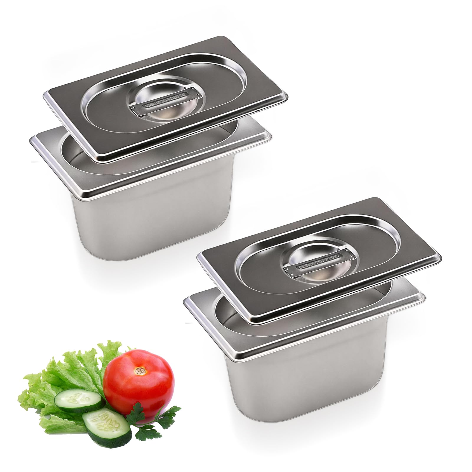 QKNOSM 2 PCS Stainless Steel Gastronorm Pan 1/9 with Lid, Stainless Steel Food Containers 100 mm Deep Steam Table Pans Metal Gastronorm Tray for Home 17.6×10.8 cm