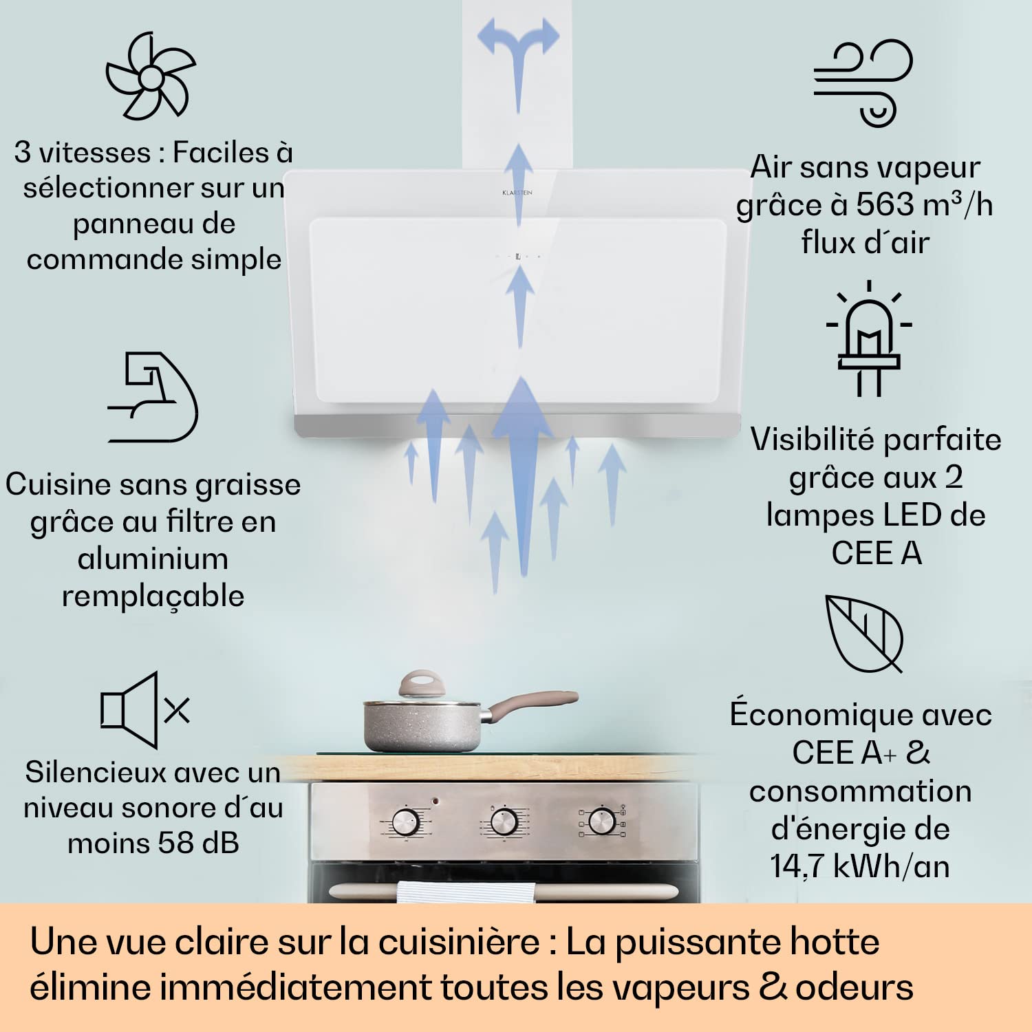 Klarstein Hotte Aspirante 90 cm, Hotte Aspirante Inclinée Silencieuse, de Cuisine 90cm avec Lampes LED RGB, Débit d'Air Puissant 584 m³/h, Efficacité Energétique Classe A, avec Évacuation