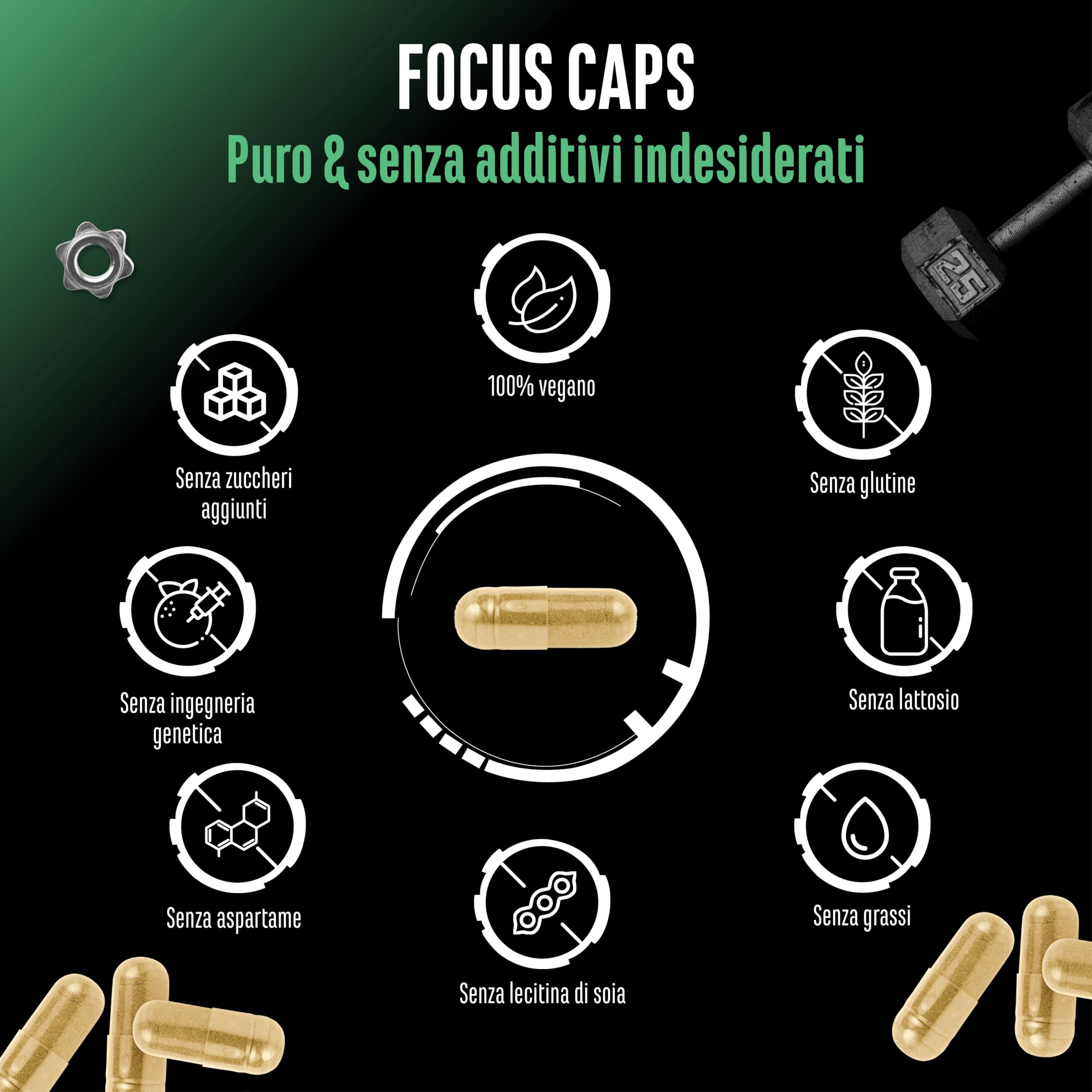 Focus Caps - 120 capsule - Miscela per le prestazioni mentali con L-Teanina, Tè verde, Guaranà, estratto di Citrus Aurantium, Caffeina, D-Glucuronolattone - ad alto dosaggio, vegan