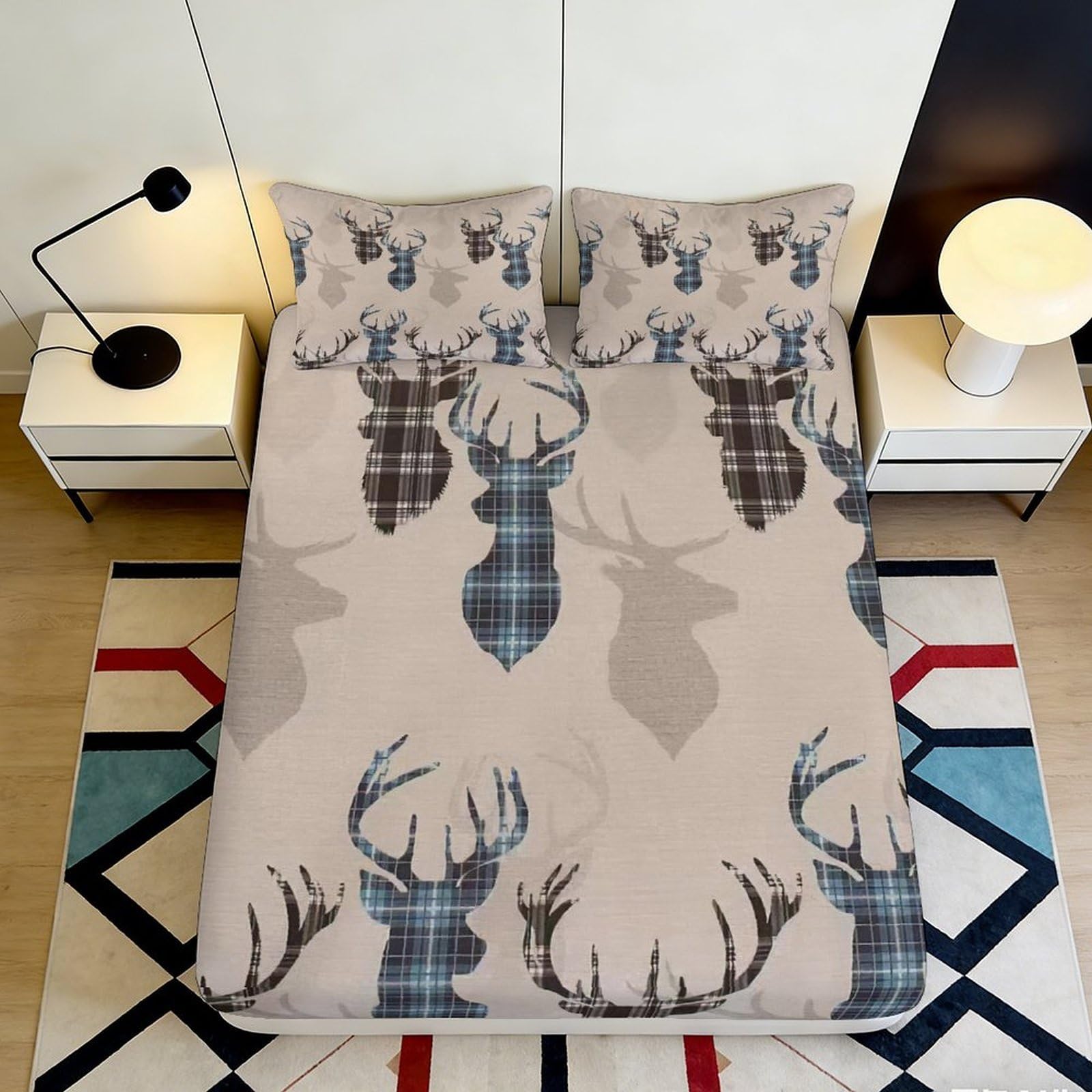 3D Printed Deer Antler Fitted Sheet Microfiber Soft Breathable Plaid Stag Bed Cover for Bedroom Decor 90x200x25cm