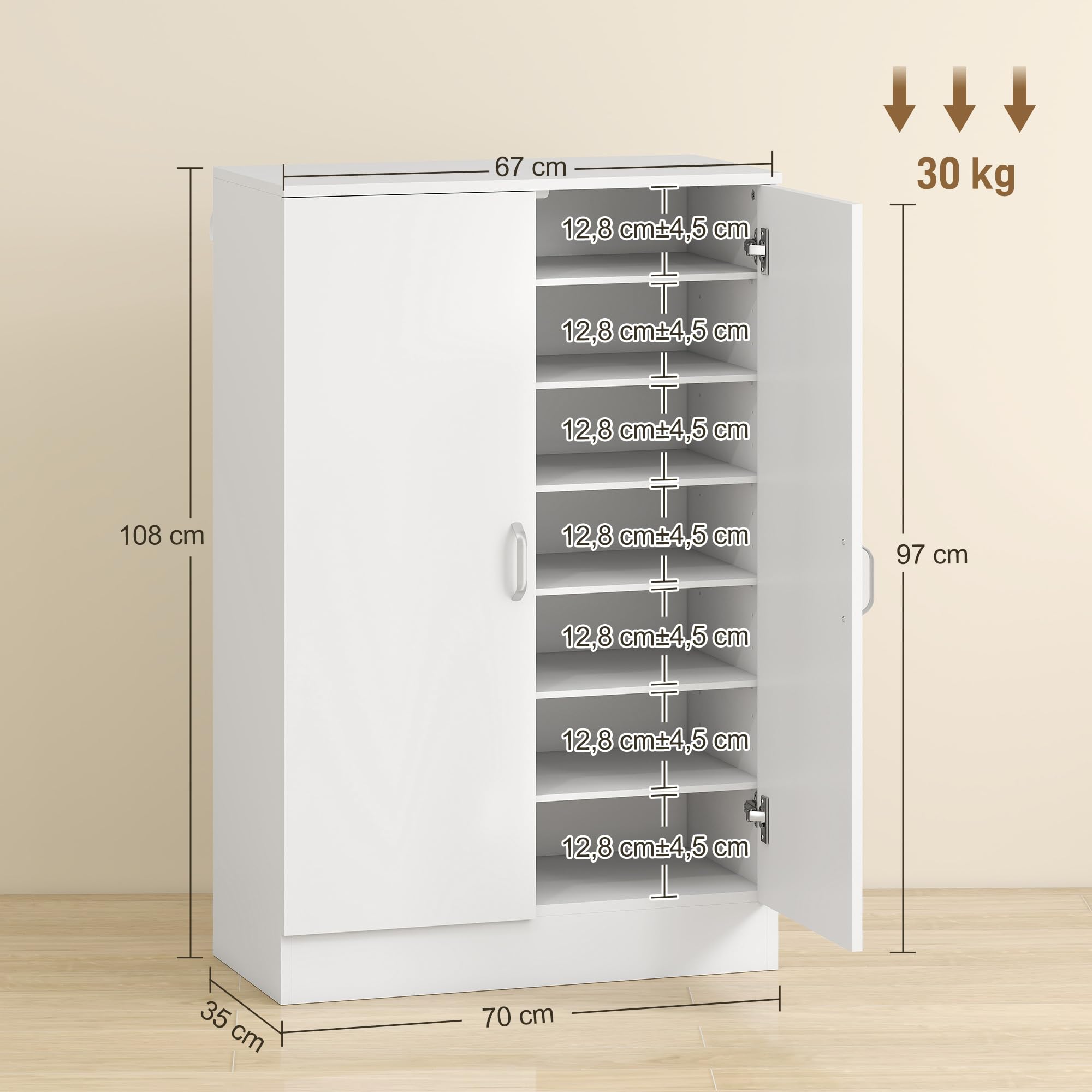 HOMCOM Schuhschrank mit 2 Türen, Schuhregal, Schuhaufbewahrung mit 6 Verstellbaren Ablagen Schuhkommode mit Soft-Close-Funktion für 21 Paar Schuhe 70 x 35 x 108 cm, Weiß
