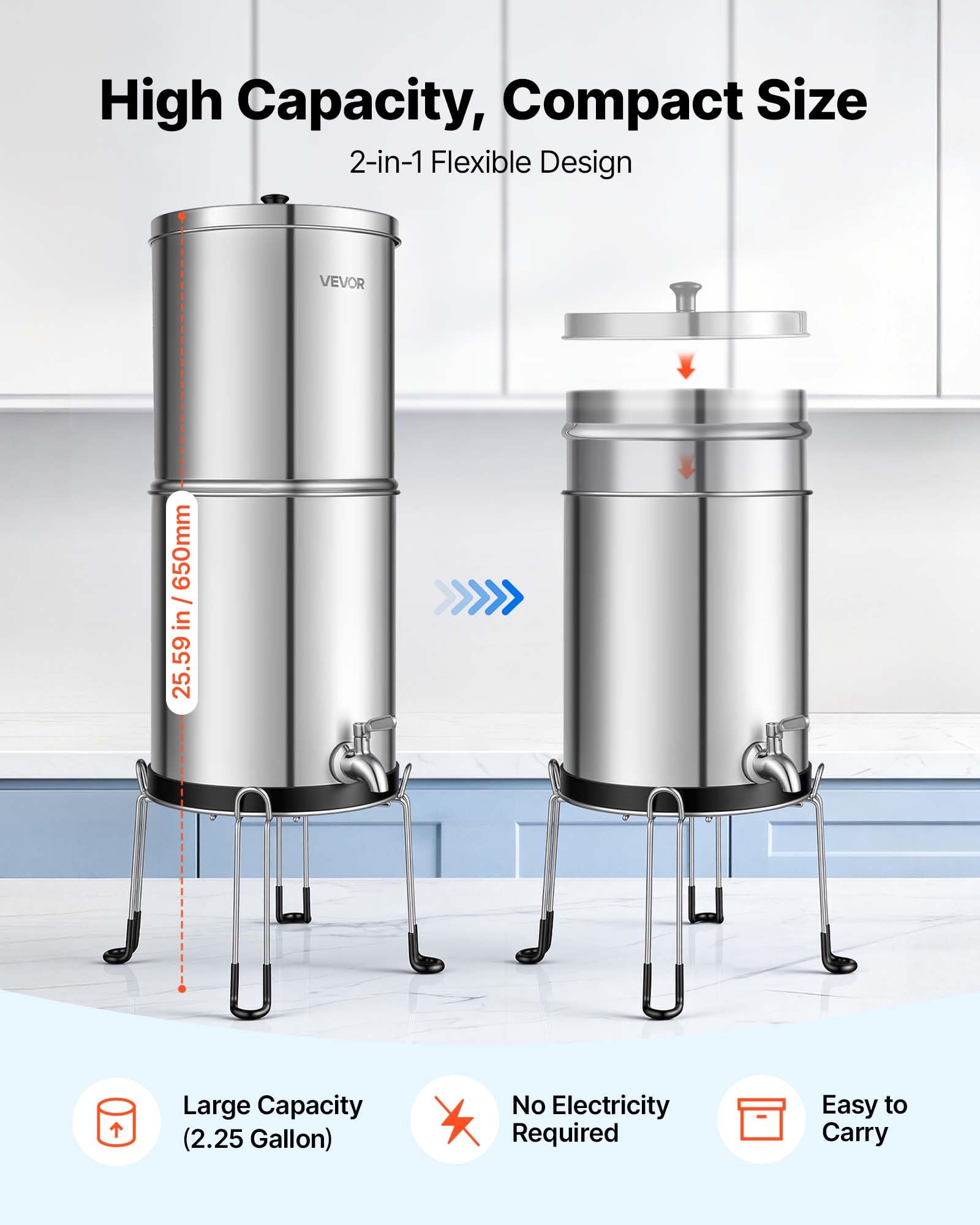 VEVOR Sistema de Filtración de Agua por Gravedad 8,52 L Acero Inoxidable, Reduce el Plomo y Hasta el 99% del Cloro, Con 2 Filtros de Carbón, Con Grifo y Soporte, Para Encimera, Para Hogar, Camping