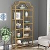 Loomie 8-Open Shelf Bookshelf, 70.87 H x 31.5 L Lux Etagere, Tempered Glass Bookcase, Tall Storage Display Modern Open Book Case for Bedroom, Home Office & Living Room, Gold Finish & Glass Shelving