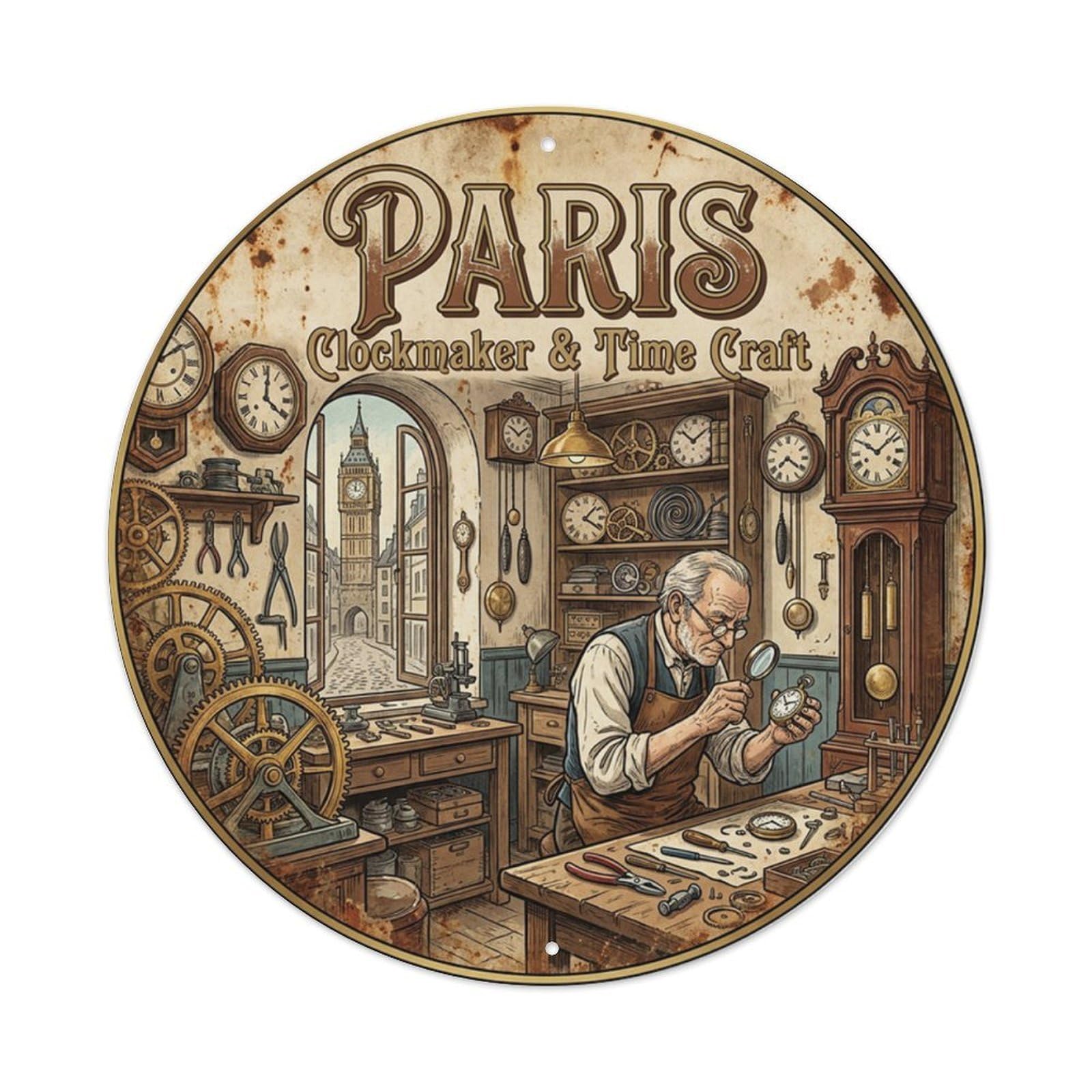 Olhnbad Style Paris Clockmaker Time Craft Route Travel Classic Metal Tin Sign