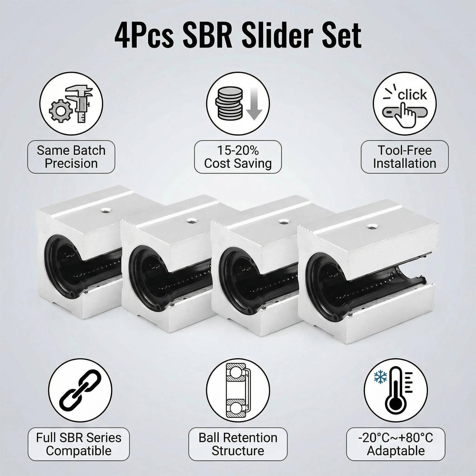 Ensemble de 4 Blocs Linéaires à Glissière SBR20UU - Aluminium de Haute Précision pour Rail de Guidage 20mm - Idéal pour Imprimante 3D, Fraiseuses CNC et Machines de Gravure - Performance Fluide et Lon