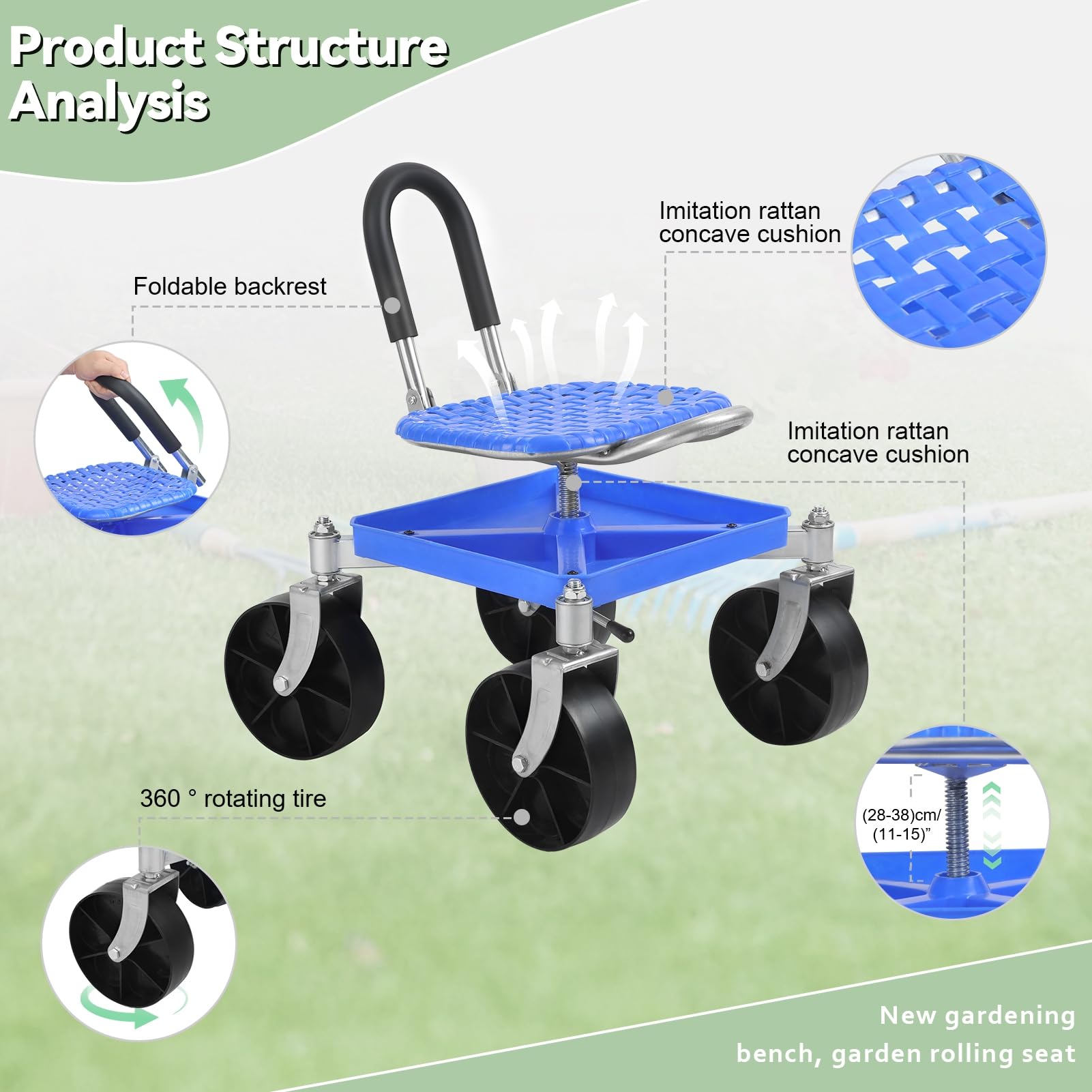Tabouret de roulement de jardin, tabouret de jardin réglable en hauteur, siège avec plateau à outils, siège de travail roulant pour le jardinage Bleu