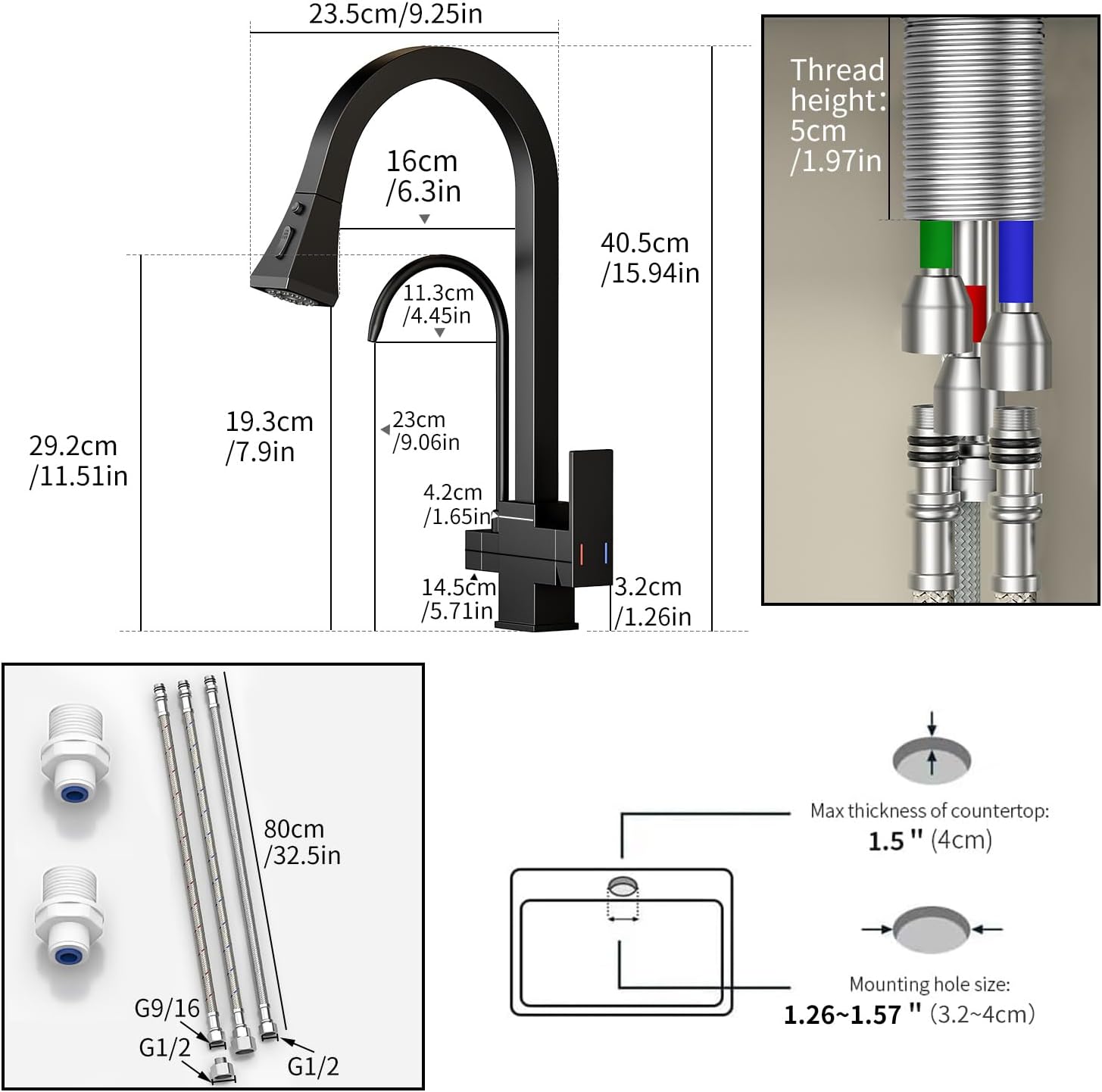 Kitchen Sink Faucet with Pull - Down Sprayer, 2 - Handle 3 - in - 1 Kitchen Sink Filter Faucet, Cold and Hot Mixer Drinking Water Faucet (3-in-1 Filter Faucet, Square Black)