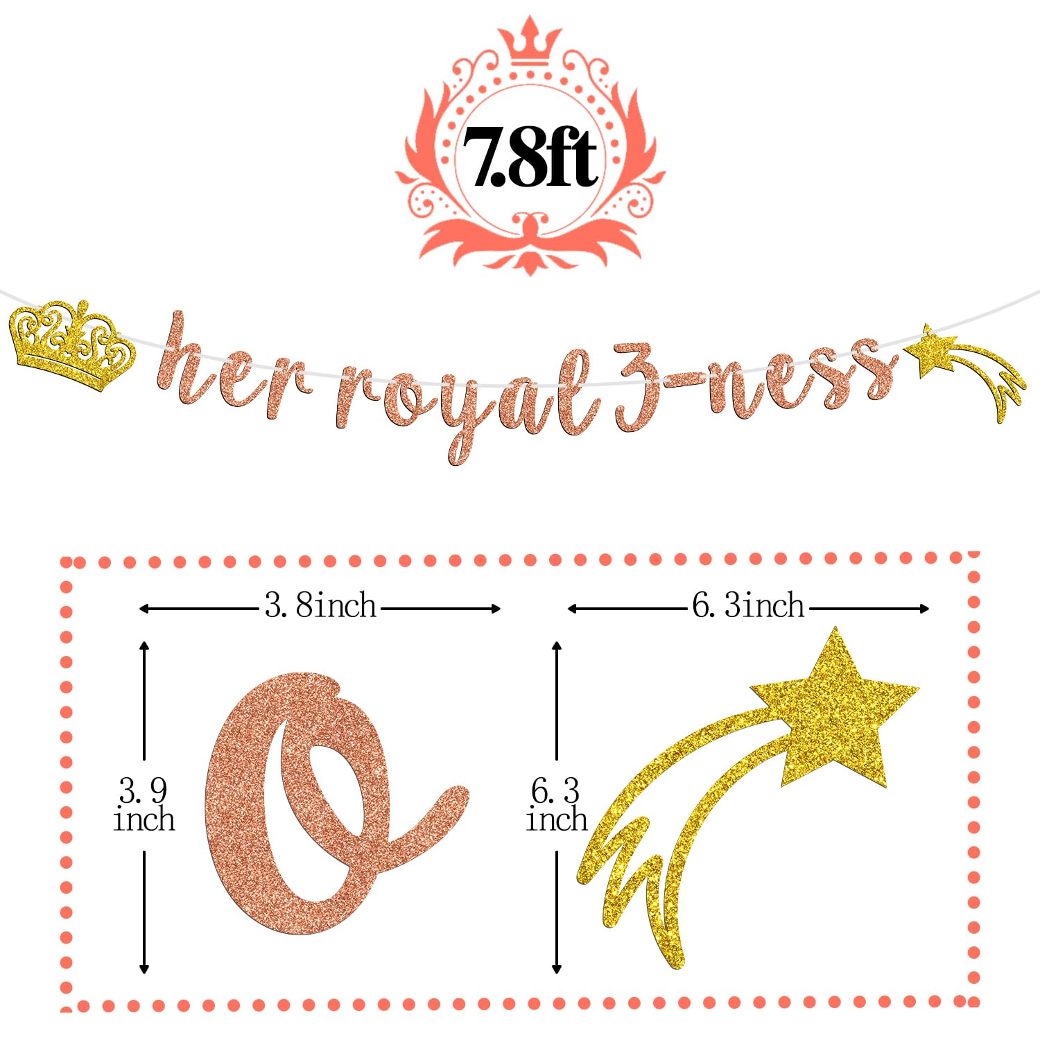 Prinzessin 3. Geburtstag Party Banner – Pink-Gold Glitzer „Her Royal Threeness“, Für Mädchen