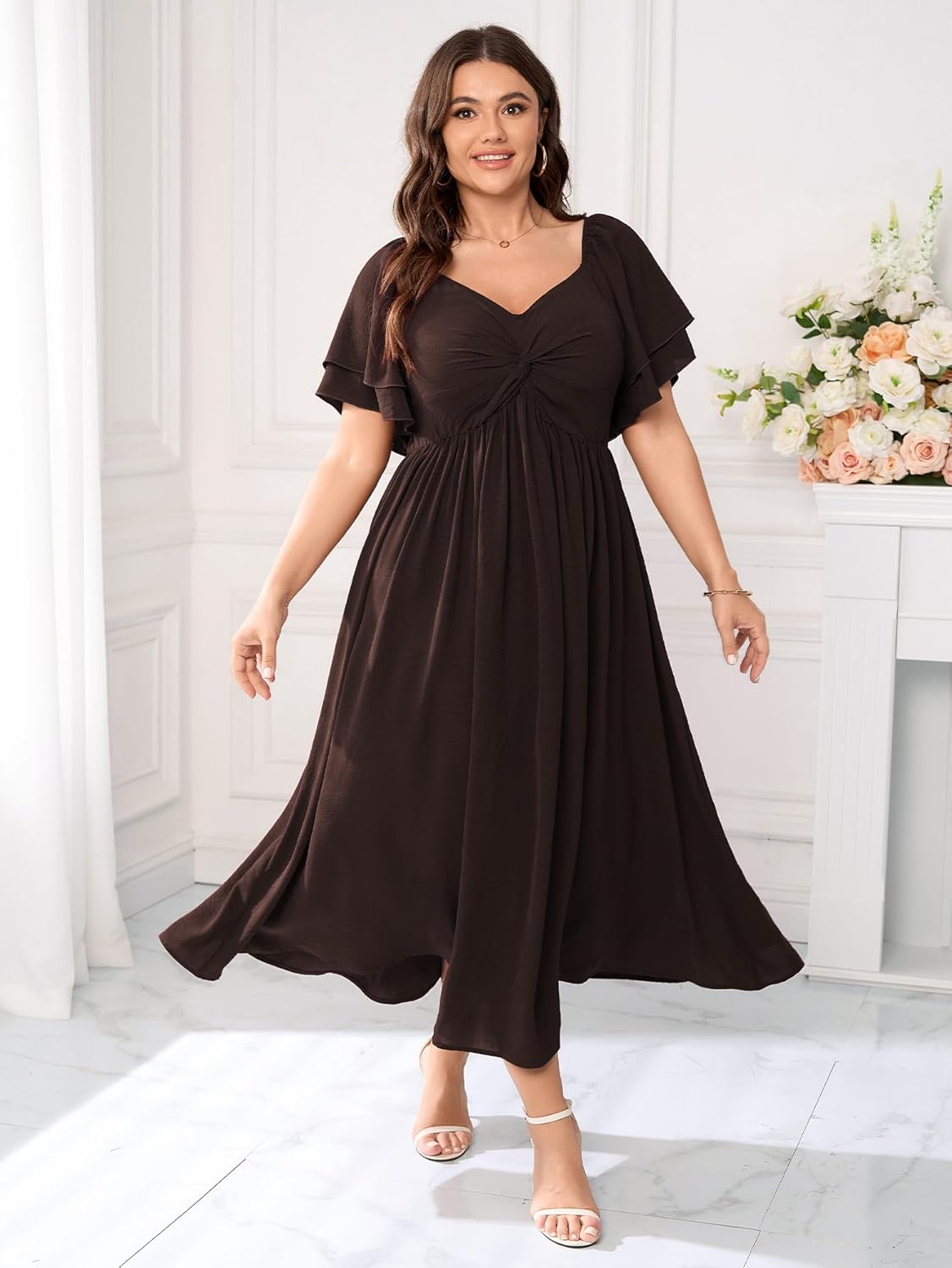 SCOMCHIC Women's Plus Size Wedding Guest Cocktail Dresses Sweetheart Neckline Ruffle Sleeve A Line Maxi Dress - Image 7