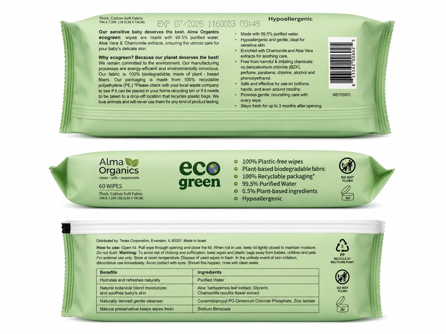 Toallitas orgánicas para bebés, hipoalergénicas, 99.5% de agua purificada, toallitas para bebés, fórmula suave para pieles sensibles