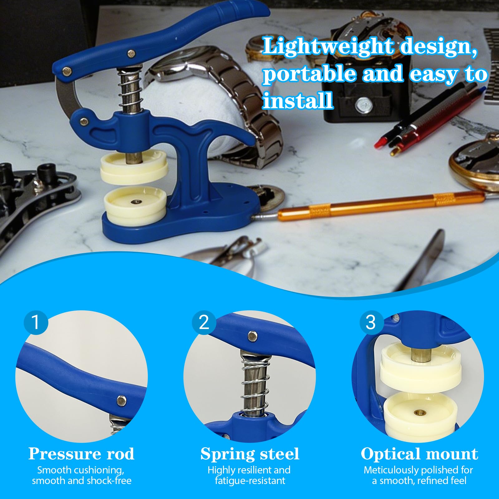 Watch Back Case Press Tool Kit, Essential Watch Repair Tool Kit for Watchmaker Battery Replacement & Crystal Fitting, 5-50mm Blue Plastic Press with 12 Dies - 3