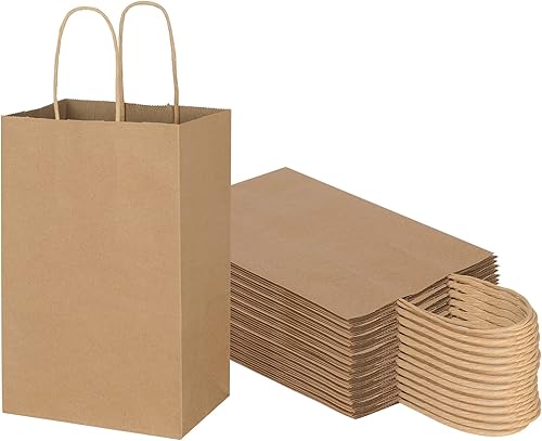 Toovip Paquete de 50 bolsas pequeñas de papel kraft marrón liso de 5.25 x 3.25 x 8.25 pulgadas con asas a granel, bolsas de regalo para regalos de