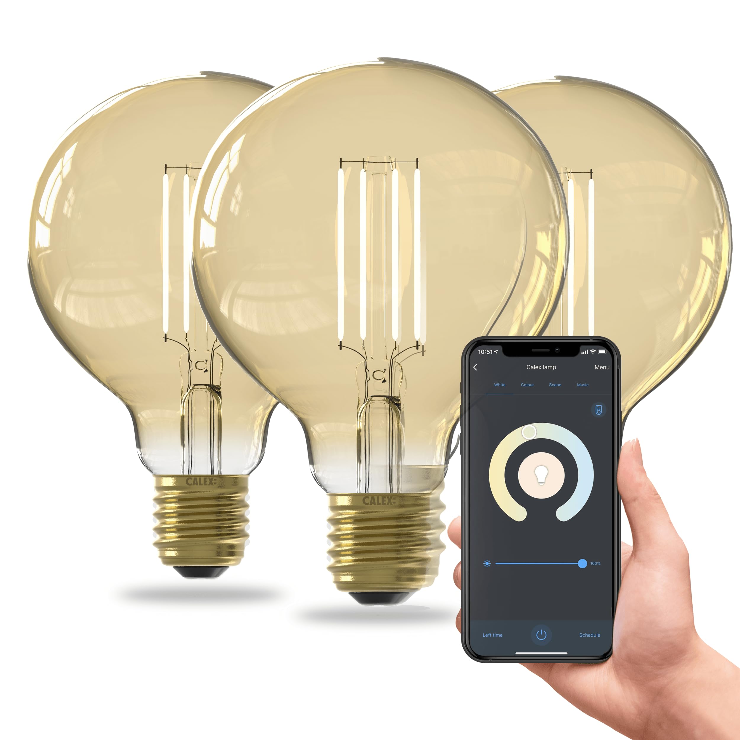 CALEX bombillas LED inteligentes, E27 G95, con filamento dorado, luz blanca, regulables, control por aplicación y voz, pack de 3 | Un brillo cálido y decorativo con filamento dorado visible, con control por voz mediante Alexa o Google Home