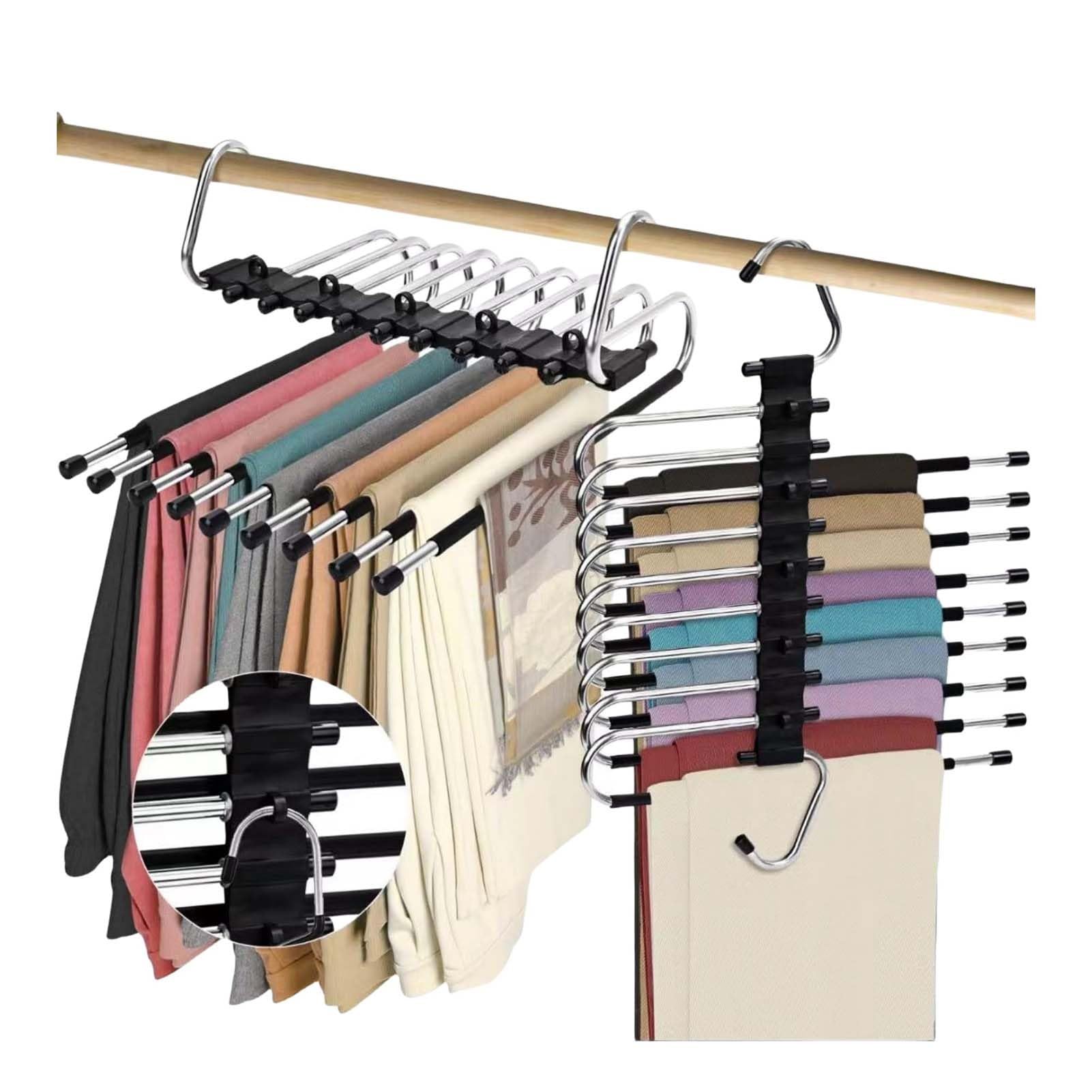 THEGA 2pack 9 Layer Collapsible Pants Hangers, Space Saving Trousers Hangers Multifunctional Pants Rack Hanger, For Wardrobe Trousers Scarf Jeans