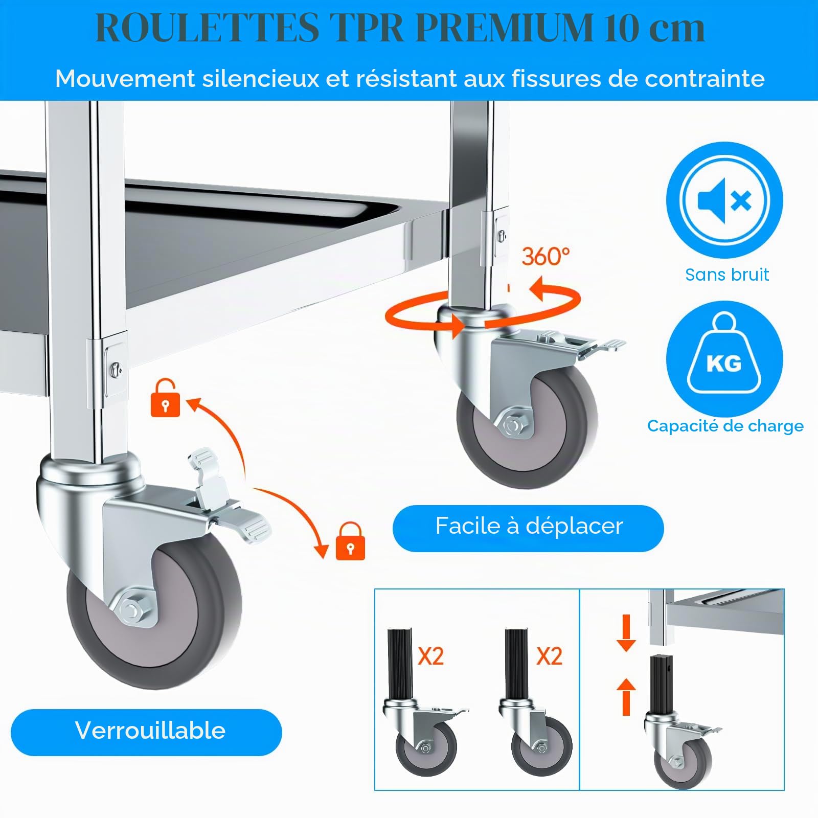 VELPAX Chariot de Service desserte de Cuisine à roulettes 3 étagères 95x50x95 cm Desserte, Déplacement Silencieux pour Rangement Clinique Cuisine Hôtel Salon de Beauté