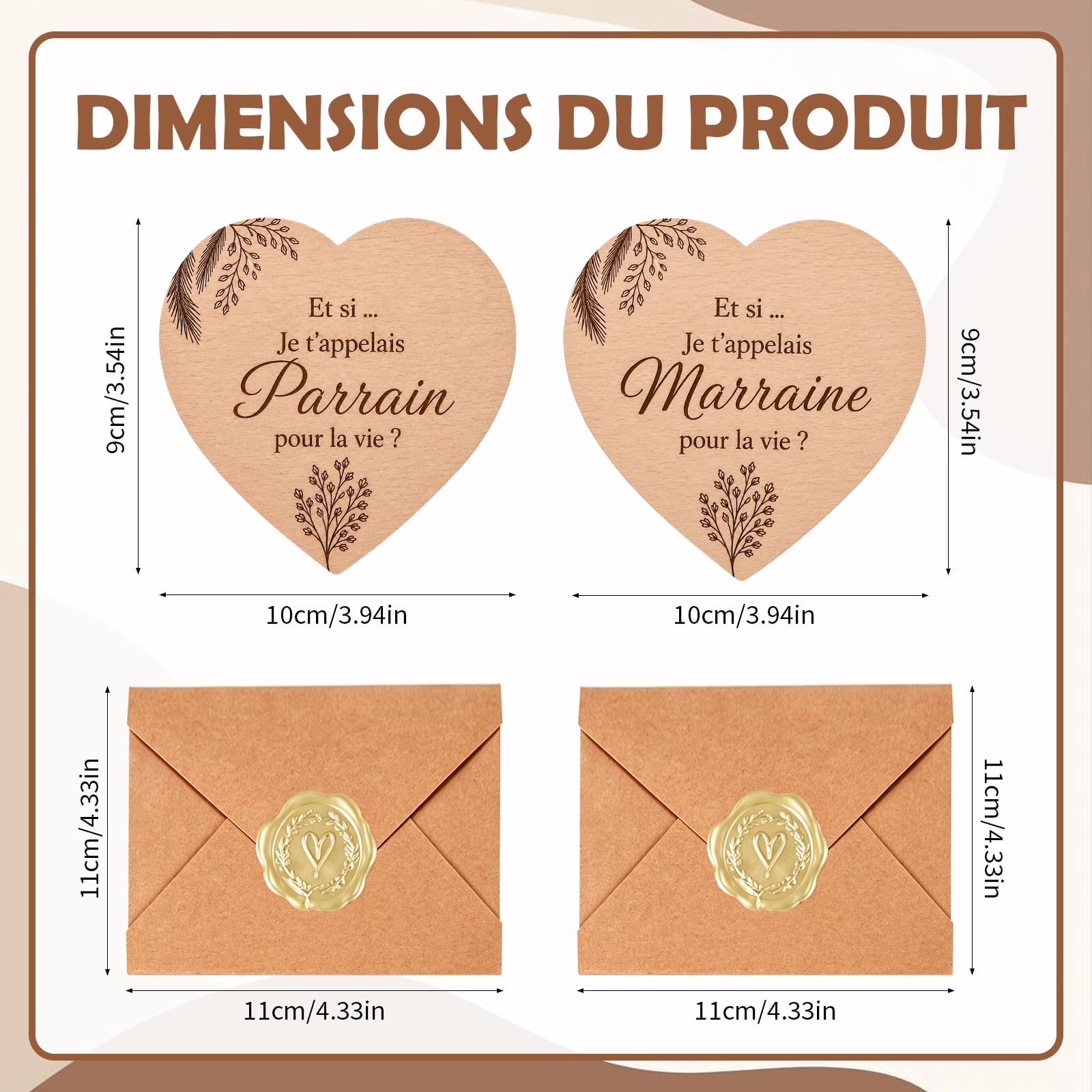Cœurs Gravés Parrain Demande Marraine Baptême Naissance Lot 4 Pièces 10x9 cm Enveloppes Kraft Cadeau Bébé Famille