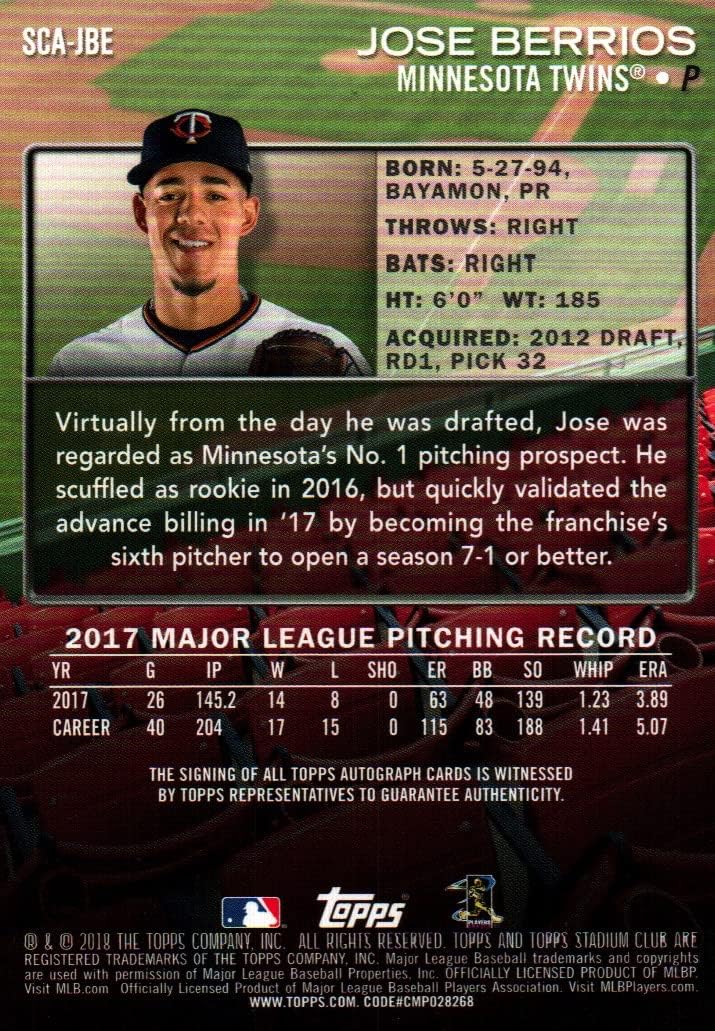 Joe Berrios Autographed On Card Stadium Club Collectible Baseball Card - 2018 Topps Stadium Club Baseball Card #SCA-JBE (Twins) Free Shipping & Tracking