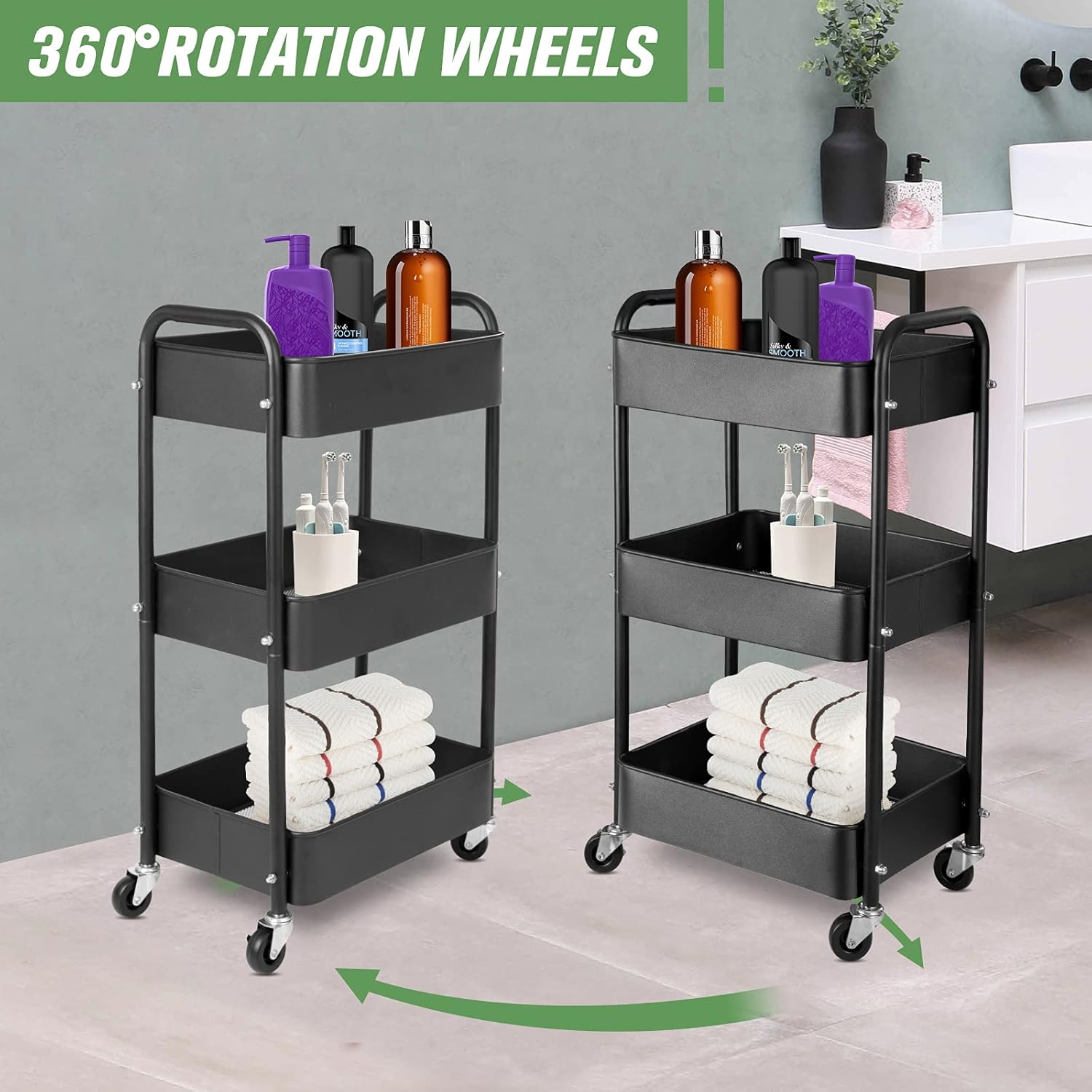 3-Tier Metal Storage Organizer Rolling Utility Cart - Home Kitchen Bathroom Bedroom Office Classroom Laundry Cleaning Supplies Bar Craft Shelf Cart with Caster Wheels, College Dorm Essentials