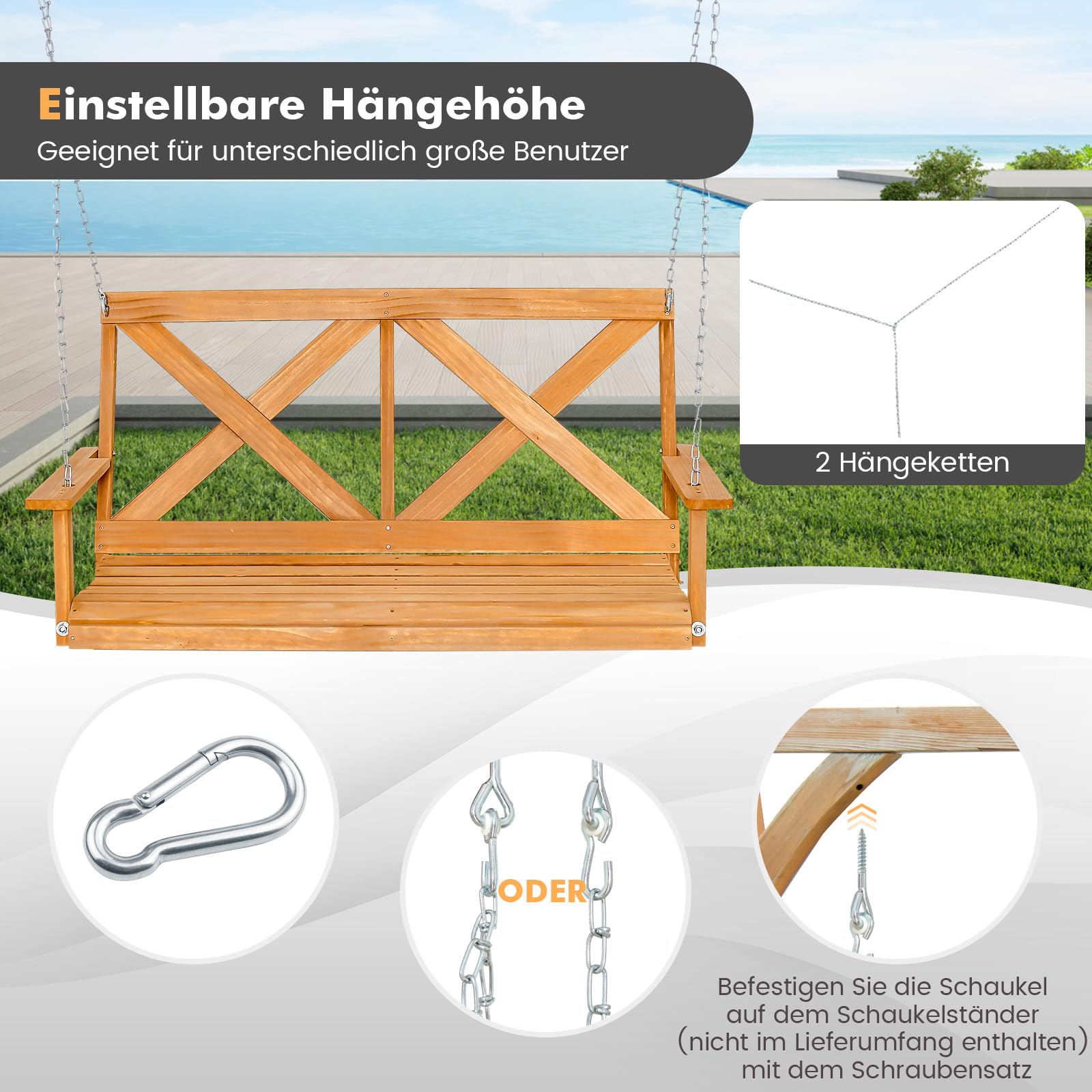 COSTWAY Hängebank aus Massivholz, 2-Sitzer Gartenschaukel zum Aufhängen, Hollywoodschaukel bis 240 kg belastbar, Outdoor-Schaukelbank für Terrasse, Garten, Hof, 134 x 60 x 65 cm, Natur