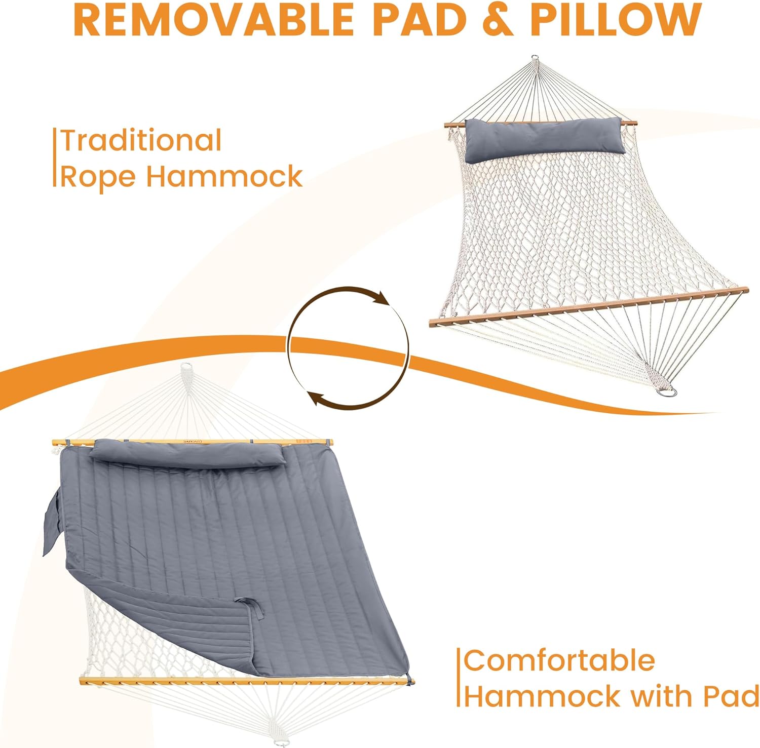 Lazy Daze Hammocks Rope Hammock with Pad, Spreader Bar, Carabiners, Tree Straps, Chains for Outside Patio- Max 450 Lbs, Grey