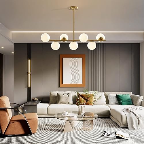 Miniatura 6 de KCO Iluminación Moderna Candelabro Colgante Lineal de Latón con 7 Luces de Cristal Dorado y Blanco, Iluminación Colgante Globo de Mediados de Siglo,